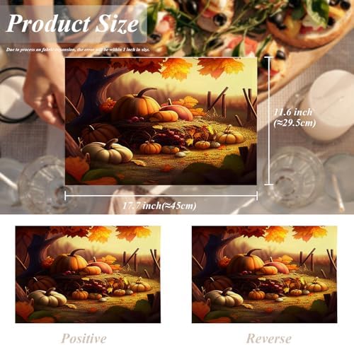 Shrahala Happy Thanksgiving Day Set of 4 12 X 18 Inch Linen Placemats, Pumpkin Harvest Leaves Branches Burlap Table Mat Washable Double Layered Heat Insulation for Indoor/Outdoor