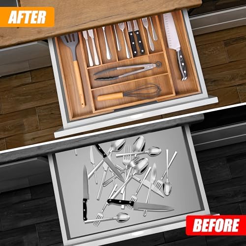 Bellsal Large Premium Acacia Wood Silverware Organizer - Expandable Utensil Drawer Organizer - 17"x19.6" Utensil Holder and Cutlery Tray with Grooved for Kitchen Flatware Utensils(7-9 Slot, Acacia)