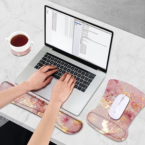 AIMSA Mouse Pad Wrist Support Set Keyboard Wrist Rest, Ergonomic Memory Foam Non-Slip Base Easy Typing Pain Relieve for Computer Laptop Home Office, Pink Gilt Marble