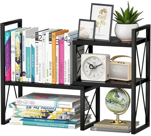 Expandable Desktop Shelf Organizer, 2 Tier Wood Desk Shelf for Office, Metal Corner Bookshelf, Countertop Storage Rack (Black)