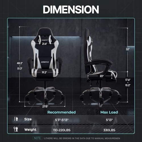 Dowinx Gaming Chair Ergonomic, Massage Lumbar Support, Footrest, Adjustable Height & Headrest Pillow, Heavy Duty 330lbs Office Chair, Comfortable for Back Pain Relief Long Gaming Streaming Black White