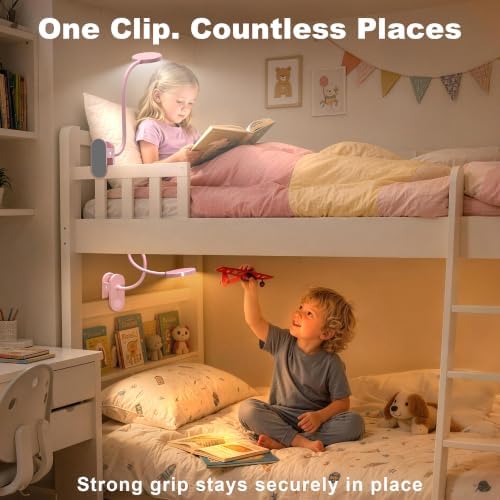 Rechargeable Clip on Bed Lamp, Cute LED Reading Lamp for Girls Dorm Room, Portable Book Light with Clamp on Bunk Bed Headboard, Bedside Table, Flexible Lamp with 3 Color & 10 Brightness (Pink/ 3.5'')