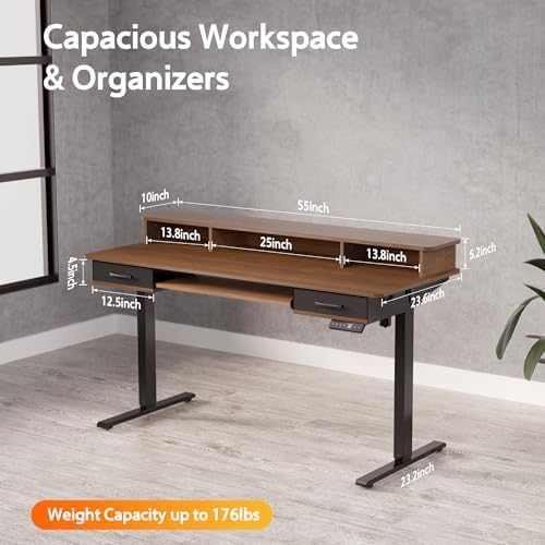 WALKINGDESK 55 Inches Electric Standing Desk with Keyboard Tray, Height Adjustable Sit to Stand Table with 2 Drawers, Ergonomic Home Office Desk with Storage Shelf, Computer Table, Black Walnut