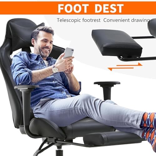 PC Gaming Chair with Footrest, Ergonomic Home Office Chair with Lumbar Support & Headrest Pillow, Black