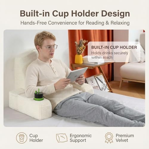Reading Pillow for Adults, Back Pillow for Bed Sitting Up, Backrest Pillow for Sitting in Bed, Detachable Arms with Built-in Cup & Phone Caddy (Beige-Corduroy, 19 INCH)