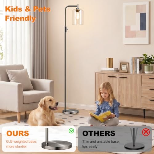【Upgraded】 Dimmable Floor Lamp for Living Room with Glass Lampshade, Brushed Nickel Modern Glass Floor Lamp with 900LM LED Bulb Included, Standing Tall Lamp for Bedroom, Office, Reading Room, Corner