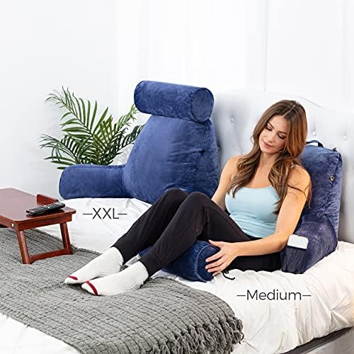 Husband Pillow Medium Reading Pillow with Arms - 23" Backrest for Sitting Up in Bed - Firm Support Bed Rest Pillow for Adults, Neck Roll, Removable Cover - TV, Reading, Lounging - Dark Blue