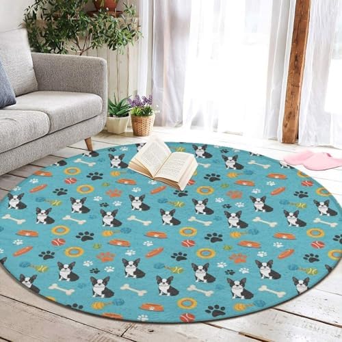 Large Home Decor Mat, Soft Round Yoga Carpet, Non Slip Machine Washable Kitchen Office Circle Rug Boston Terrier Dogs, 24inch