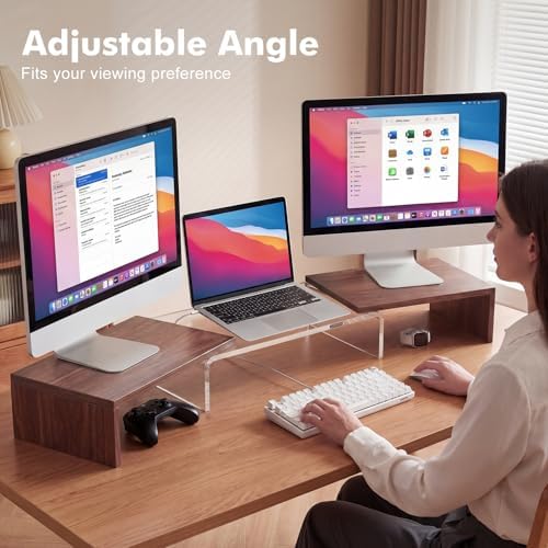 High-Clarity Dual Monitor Riser, Acrylic Monitor Riser, Adjustable Angle & Length Computer Monitor Stand, Wide Desk Shelf for Top of Desk for Home Office_Walnut Look Small