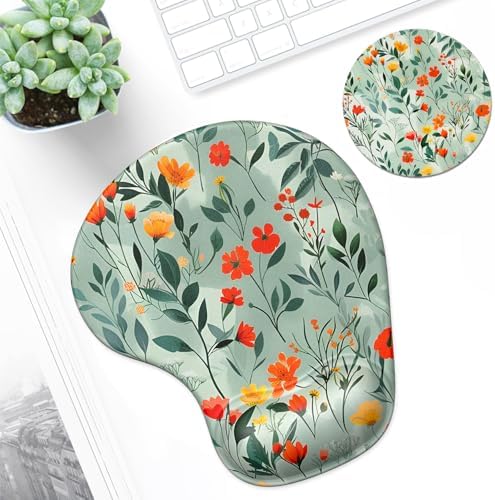 ITNRSIIET Ergonomic Mouse Pad Coaster Set with Gel Wrist Support Wrist Rest Smooth Surface Non-Slip PU Base Comfortable Office Supplies Pain Relief, 9.5 x 8.3 inches, Beautiful Flowers