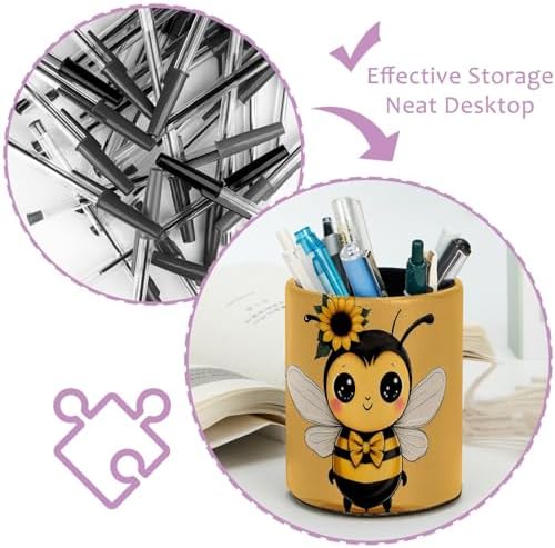Bee Pen Holder Pencil Organizer Cute Pencil Cup Desk Decor Makeup Brush Holder PU Multifunctional Office Supplies for Home Classroom School