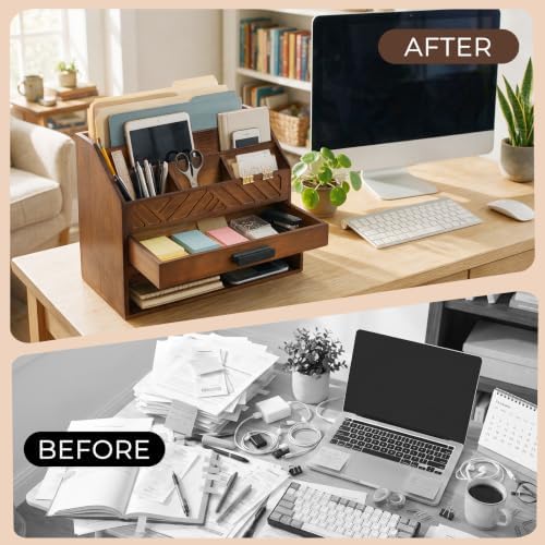 Wooden Desk Organizer with 7 Compartments and Drawer, Rustic Desktop Mail Organizer for Desk, Wooden Mail Sorter Organizer with Deep Pockets, File Holder and Sturdy Black Handle for Home Office-Brown
