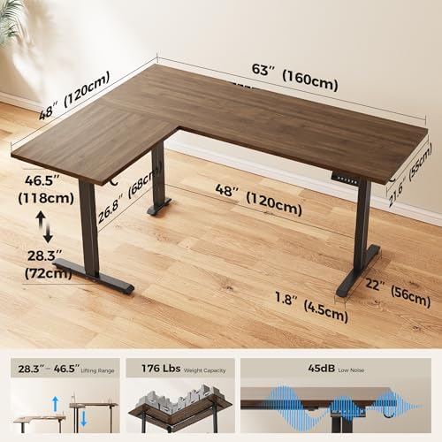 Agilestic L Shaped Standing Desk 63 inch Adjustable Height, Electric Corner Standing Desk, Sit Stand Computer Table with Splice Board, Dark Walnut