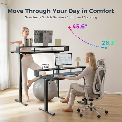 Klicelor Electric Standing Desk with Shelf, 55 Inch Height Adjustable Desk with Power Outlets & LED, Sit Stand Up Table with Monitor Stand, Computer Workstation for Home Office, Black