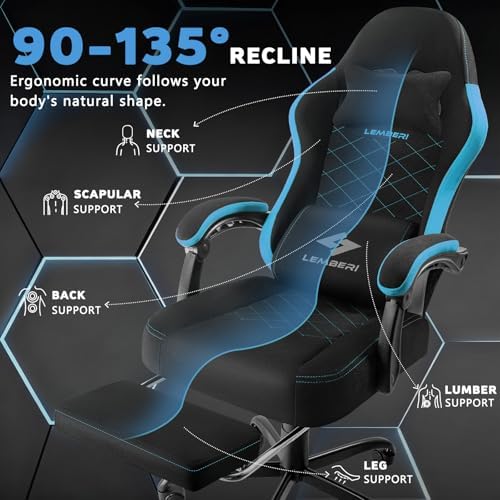 LEMBERI Gaming Chair, Fabric Big and Tall Video Game Chairs with Footrest, Massage Lumbar Support, Racing Style Ergonomic Computer Gamer Chair with Adjustable Headrest (Blue)