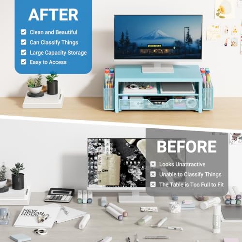 OPNICE Desk Organizers and Accessories, Computer Monitor Stand Riser with Drawer and 2 Pen Holders, Printer & Laptop Stand, Office Desk Accessories & Workspace Organizers for Home Office Supplies, Soft Blue
