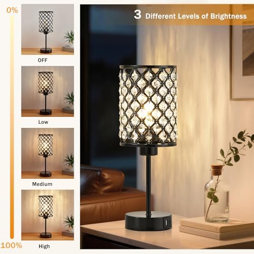GyroVu Black Crystal Bedside Table Lamps Set of 2 with USB C+A Ports