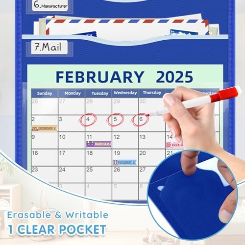 ALSLEA 15" Extra Wide Hanging File Organizer with 8 Pockets - Heavy Duty Classroom Pocket Chart, Wall Mounted Document Organizer with Writable Clear Pocket, 5 Wall/ Door Hooks & 12 Labels (Blue)