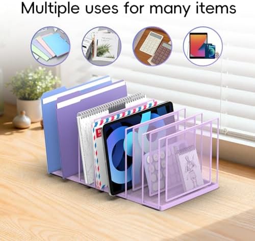 File Organizer for Desk, 7-Section Vertical File Sorter, Paper Holder Organizer Standing Metal File Folder for Office Home Classroom, Purple