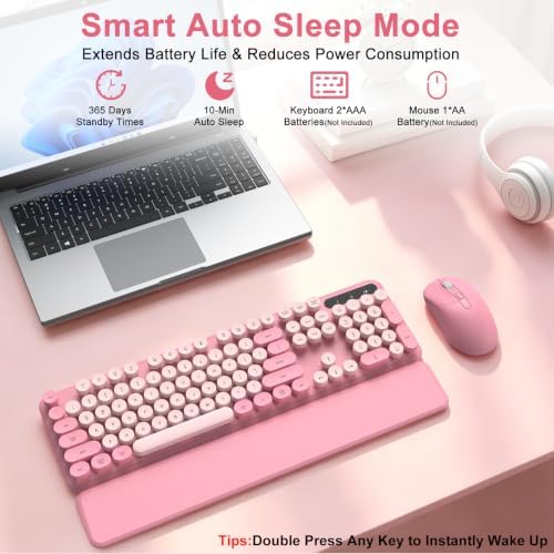 Pink Wireless Keyboard and Mouse Combo, Magnetic Wrist Rest, Round Keycap