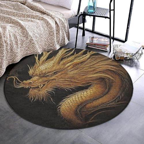 Home Decor Non Slip Kitchen Office Circle Rug, Machine Washable Modern Round Area Rug, Room Sofa Yoga Soft Round Carpet Cool Dragon Black Drak Night, 60inch