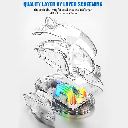 HXMJ-Wireless Gaming Mice with Transparent Crystal Shell,Tri-Modes (USB Wired+2.4G Wireless+Bluetooth),Silent Click,RGB Backlit-White