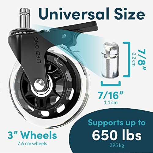 Lifelong Brake Office Chair Wheels Replacement, Heavy Duty, 5-Pack Fits 98%