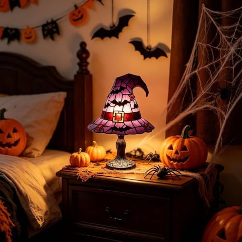 Stained Glass Witch Hat Lamp, Handcrafted Resin Halloween Witch Lamp (Orange)