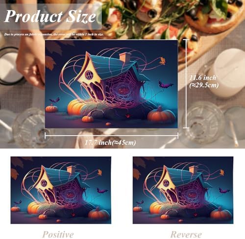 Shrahala Happy Halloween Funny Set of 4 12 X 18 Inch Linen Placemats, Spider Webs Houses Butterflies Pumpkins Burlap Table Mat Washable Double Layered Heat Insulation for Indoor/Outdoor