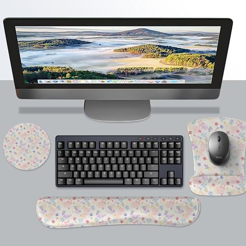 Ergonomic Memory Foam Keyboard Mouse Pad Set with Wrist Rest Support,Non-Slip Hand Wrist Cushion for Laptop/Notebook/Desktop/Computer/Gaming/Office,Easy Typing& Pain Relief (Flowers & Bowknot)