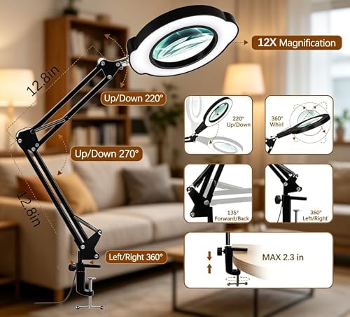 12X Magnifying Glass with Light and Clamp, 84 LEDs Real Glass Lens Magnifying Lamp for Close Work, Repair, Reading, Craft（Top Button）