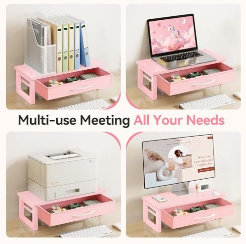 Desk Organizers and Accessories, Computer Monitor Stand Riser with Fabric Drawer, 2-Tier Laptop Stand for Desk, Office Organization Accessories, Pink