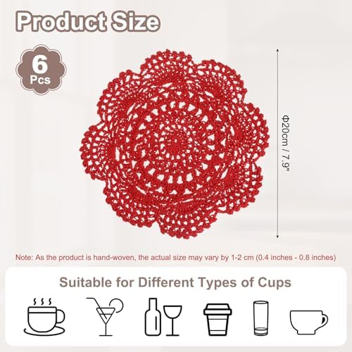 uxcell 6 Pcs Crochet Handmade Cotton Placemat Doilies for Table 7.9" Red