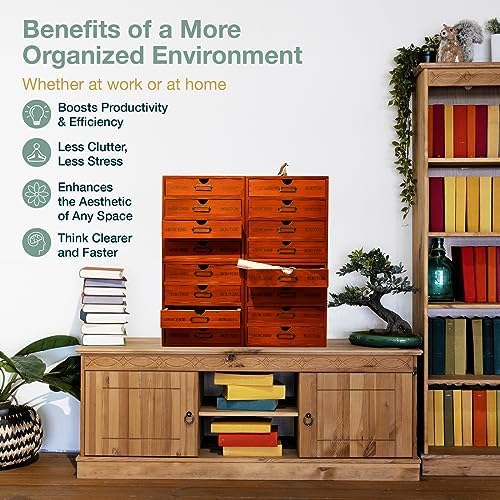 Stackable Apothecary Cabinet, 16 Drawer Wooden Storage I Vintage Card Catalog Style Organizer for Coins, Trading Cards, Crafts & DMC Floss I Multi Drawer Modular Wood Desk Cabinet w/Label Holders