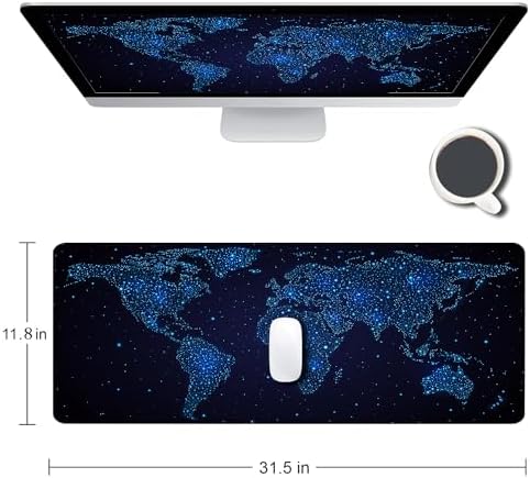 Large Gaming Mouse Pad with Stitched Edges, Desk Pad Extended Keyboard Mat, Non-Slip Rubber Base Mousepads for Laptop, Office, Home, 31.5X11.8 inch Galaxy World Map