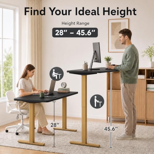 Grandder 55x32 Extra-Deep Electric Standing Desk, Wide Desktop Fits 49" Ultrawide Monitor+Dual Screens, 176 lbs Capacity, 2 Memory Presets, Anti Collision, Computer Desk, Black Top&Gold Frame