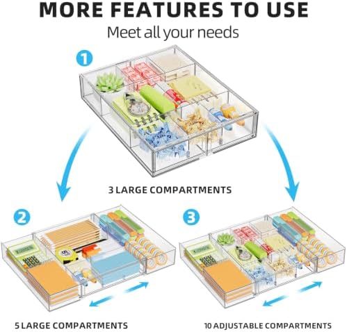 Marbrasse Expandable Desk Drawer Organizer, Clear Plastic Drawer Organizer Tray with 10 Adjustable Compartments, Desk Organizers and Accessories, 5 Drawer Dividers for Office Supplies, Makeup(Clear)