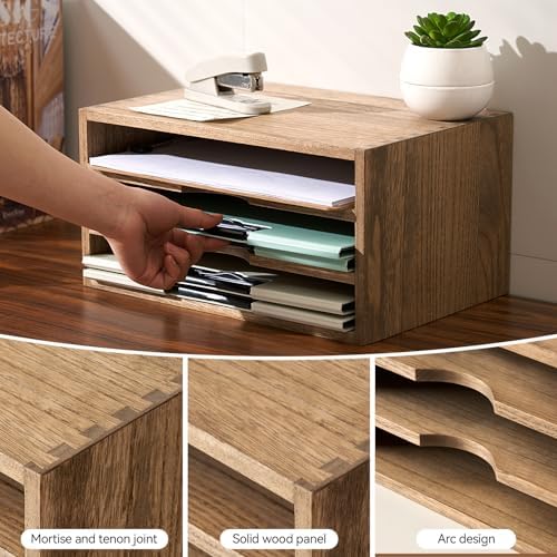 KIRIGEN Wooden Desk Organizer 3-Tier Letter Tray and Paper Sorter, Brown