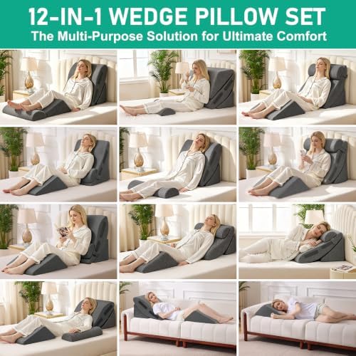 4PCS Wedge Pillow Set for After Surgery, Orthopedic Bed Wedge Pillow for Back Pain Relief, Sitting Up in Bed, Acid Reflux, Adjustable Post Surgery Pillows for GERD, Snoring, Dark Grey