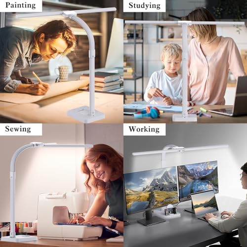 GAEFURY LED Desk Lamp for Home Office, 24W Bright Desk Lamp with Phone Holder Base - 25 Lighting Modes Eye-Caring Desk Light Adjustable Gooseneck Lamp for Workbench Drafting Reading Study-White