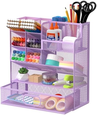 Mesh Pen Organizer for Desk, 13 Compartments with Drawer， Purple