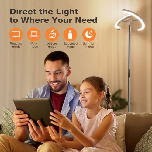 SIBRILLE Gunmetal Gray LED Floor Lamp - Rotatable Standing Lamp for Living Room Bedroom, 22W Dimmable Floor Readig Light with Touch/Remote Control, Modern Corner Lamp for Office, Brightness Adjustable