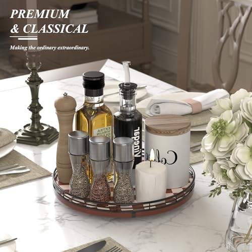 AMH 12-Inch Brown Checkerboard Lazy Susan with Black Metal Rail