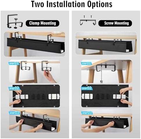 No Drill Large Under Desk Cable Management Tray, Fabric Cord Hider for Wire Organizer, Clamp/Screw Mount Cord Organizer, Standing Desk Cable Management for Office Home (Large (36 Inch))