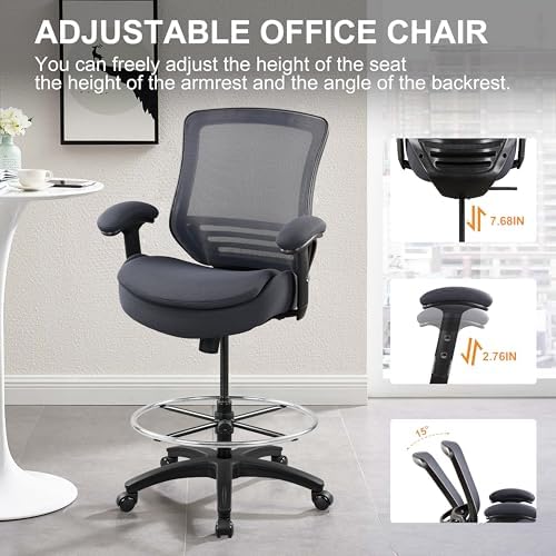 400lbs Office Drafting Chair Wide Dual Seat Cushion Height Adjustable Armrest for High Standing Desk with Lumbar Support and Enlarged Adjustable Footrest (Black Frame Gray Fabric)