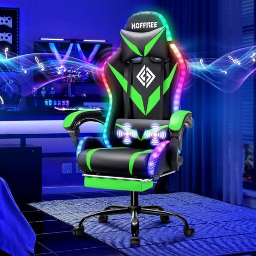 HOFFREE LED Gaming Chair with Speakers RGB Lights Computer Chairs-Green