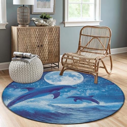 Machine Washable Modern Round Area Rug, Room Sofa Yoga Soft Round Carpet, Home Decor Non Slip Kitchen Office Circle Rug Blue Great Water of Waves Sea Full Moon Dolphin Art, 60inch