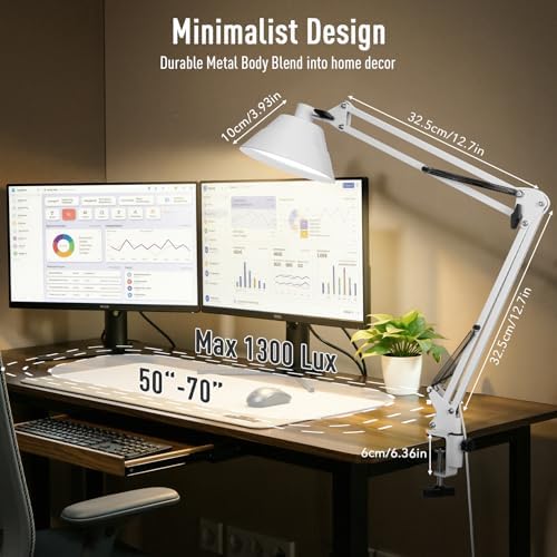 Led Desk Lamp for Home Office - Swing Arm Desk Lamp with Clamp - Architect Adjustable Gooseneck Table Lamp with 5 Color Modes & 10 Brightness for Reading Working Drafting (White)