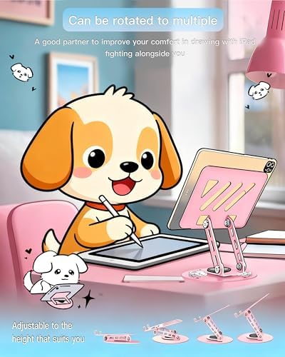 Upgraded 360°Rotating Tablet Stand with Foldable Base - Cute Dog Pattern,Universal for 7-13" Devices (iPad,iPhone,Tablet,Phone) - Ideal for Desk Work,Office,Travel,Home & Painting
