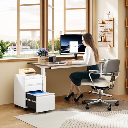 MIIIKO White Filing Cabinet 3 Drawers on Wheels Under Desk, Metal Rolling File Cabinet with Lock for Home Office, Small Mobile File Cabinet for Letter Legal File Folders, Un-Assembled